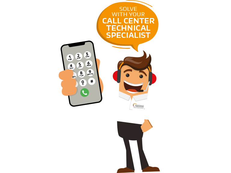 Technician with a cell phone and thought bubble saying "solve with your call center technical specialist."