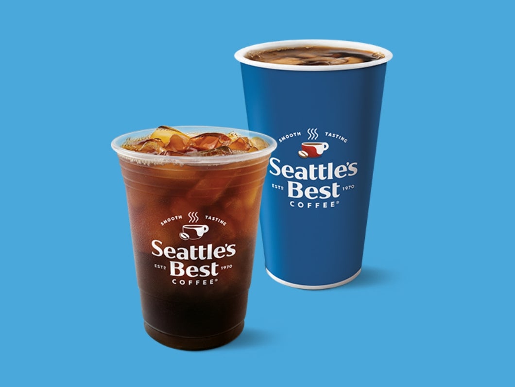 seattle's best coffee iced and hot with blue background